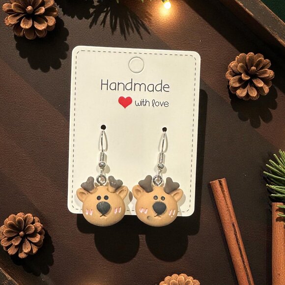 Handmade Reindeer Earrings | Christmas Earrings | Polymer Clay Holiday Jewelry - Picture 4 of 7